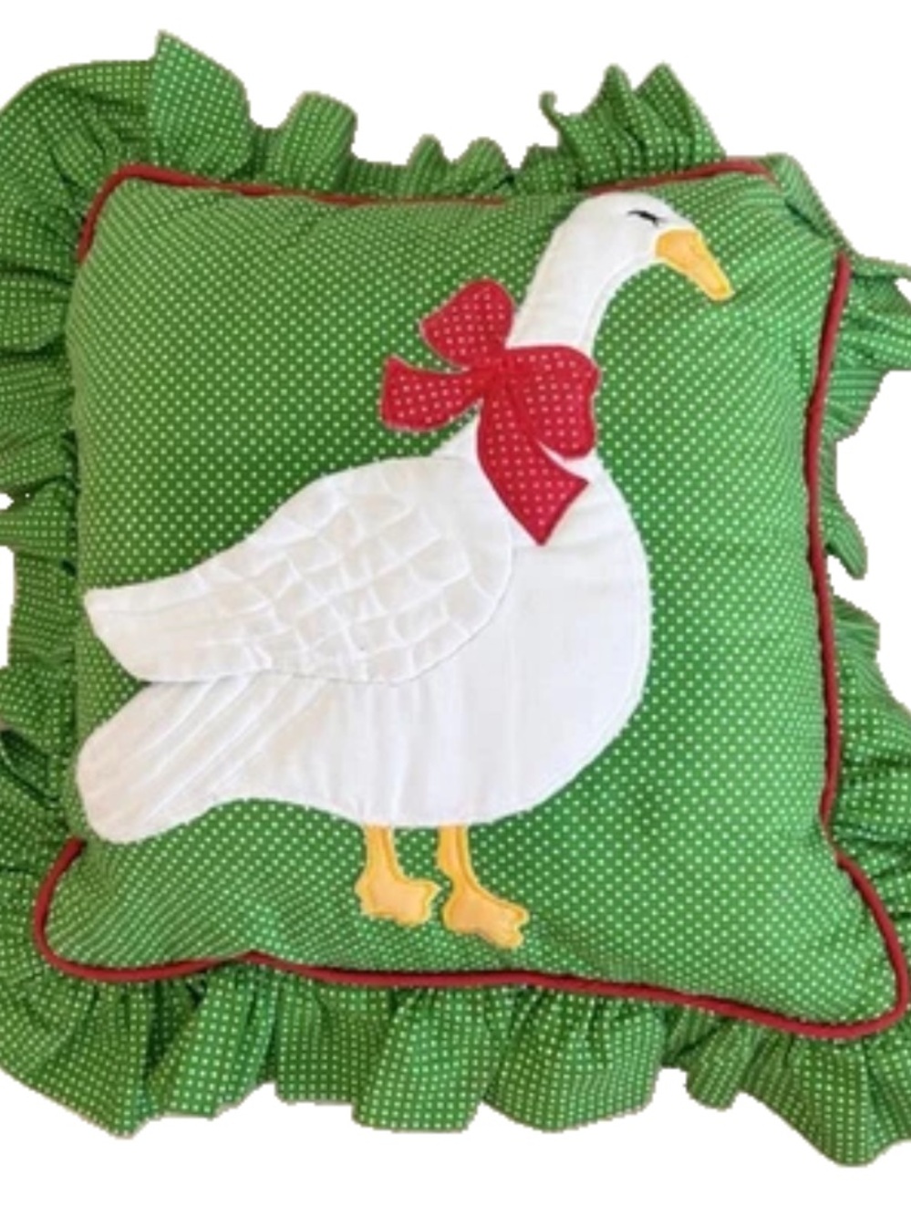 Set of Two Vintage Handmade Quilted Goose Pillows Green and White Polka Dot - Picture 15 of 16